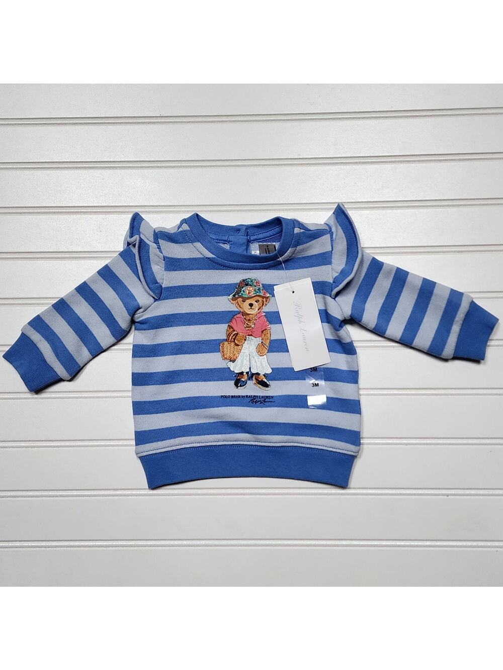 NWT Ralph Lauren Polo Bear Striped French Terry Sweatshirt Size 3 Months Blue